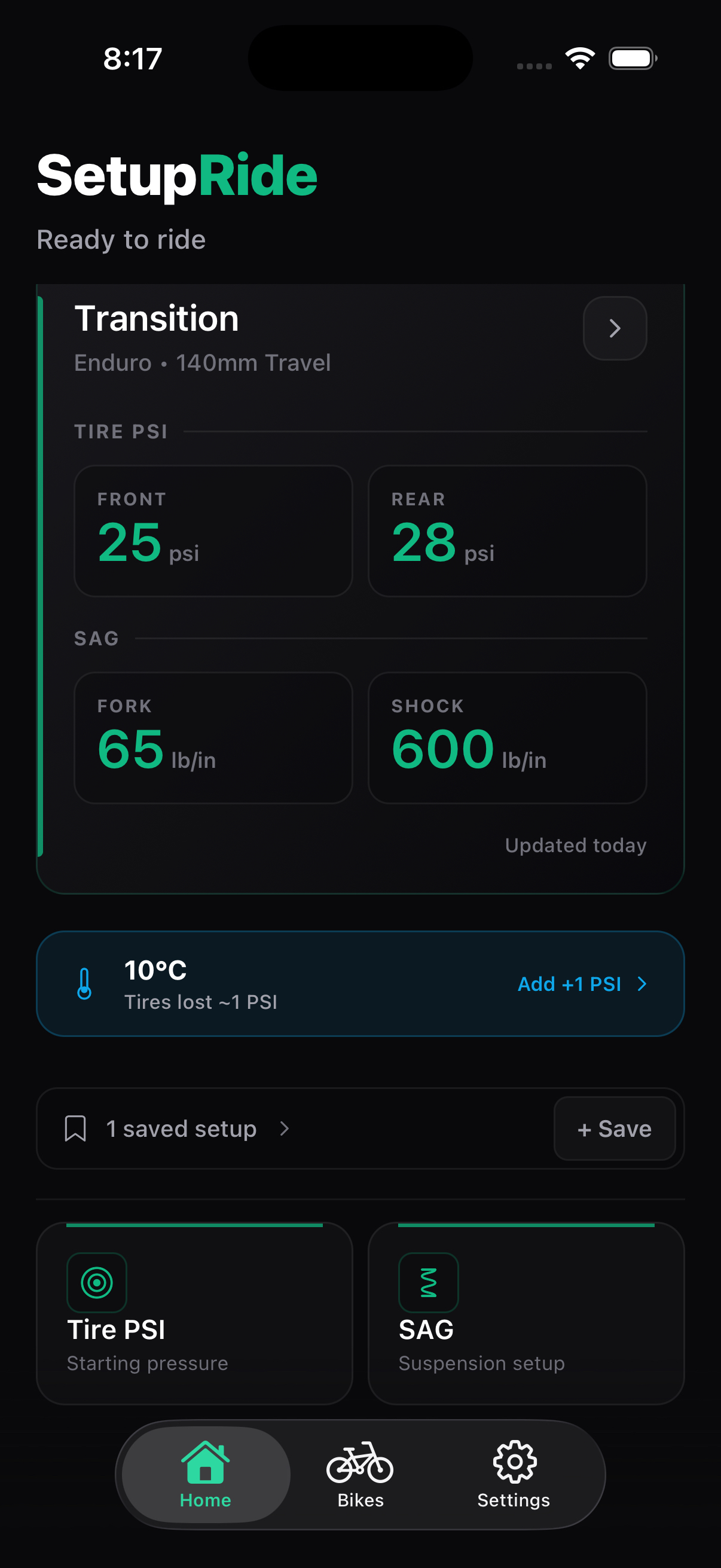SetupRide tire pressure calculator screenshot