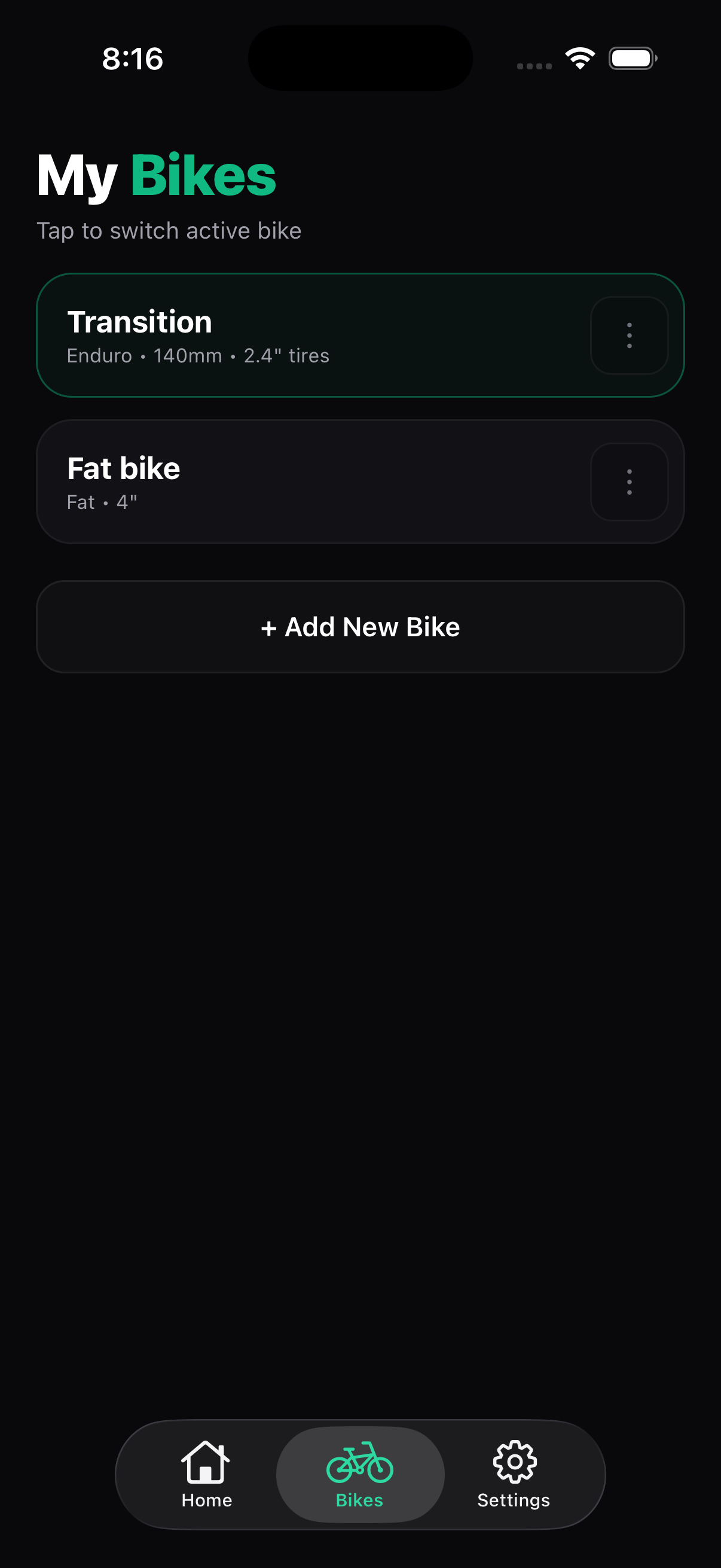 SetupRide bike dashboard screenshot